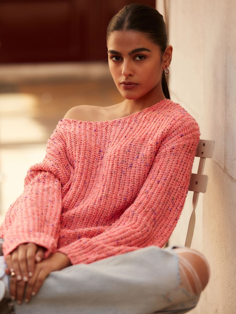 Coral Pink Slouch Off Shoulder Neppy Chunky Knitted Jumper - Image 1 of 7