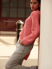 Coral Pink Slouch Off Shoulder Neppy Chunky Knitted Jumper - Image 2 of 7