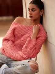 Coral Pink Slouch Off Shoulder Neppy Chunky Knitted Jumper - Image 3 of 7