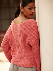 Coral Pink Slouch Off Shoulder Neppy Chunky Knitted Jumper - Image 4 of 7