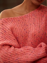 Coral Pink Slouch Off Shoulder Neppy Chunky Knitted Jumper - Image 5 of 7