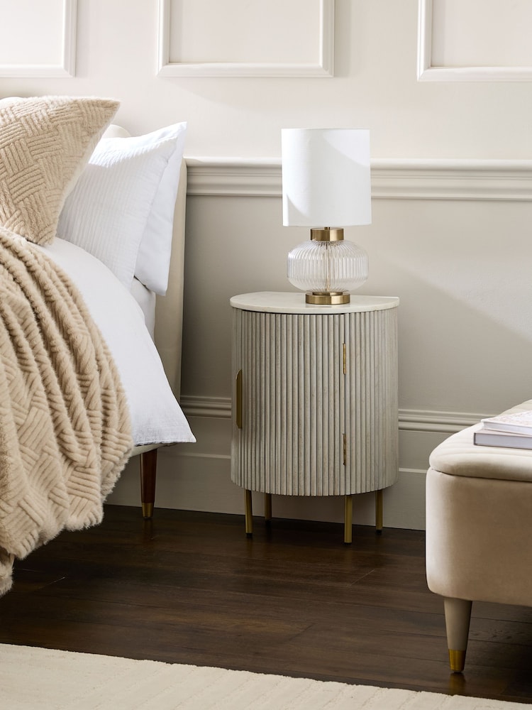 Light Grey Valencia Marble and Mango Wood 1 Door, Round Bedside Table - Image 1 of 8