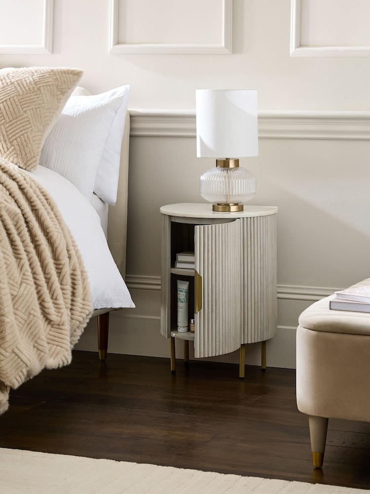 Light Grey Valencia Marble and Mango Wood 1 Door, Round Bedside Table - Image 2 of 8