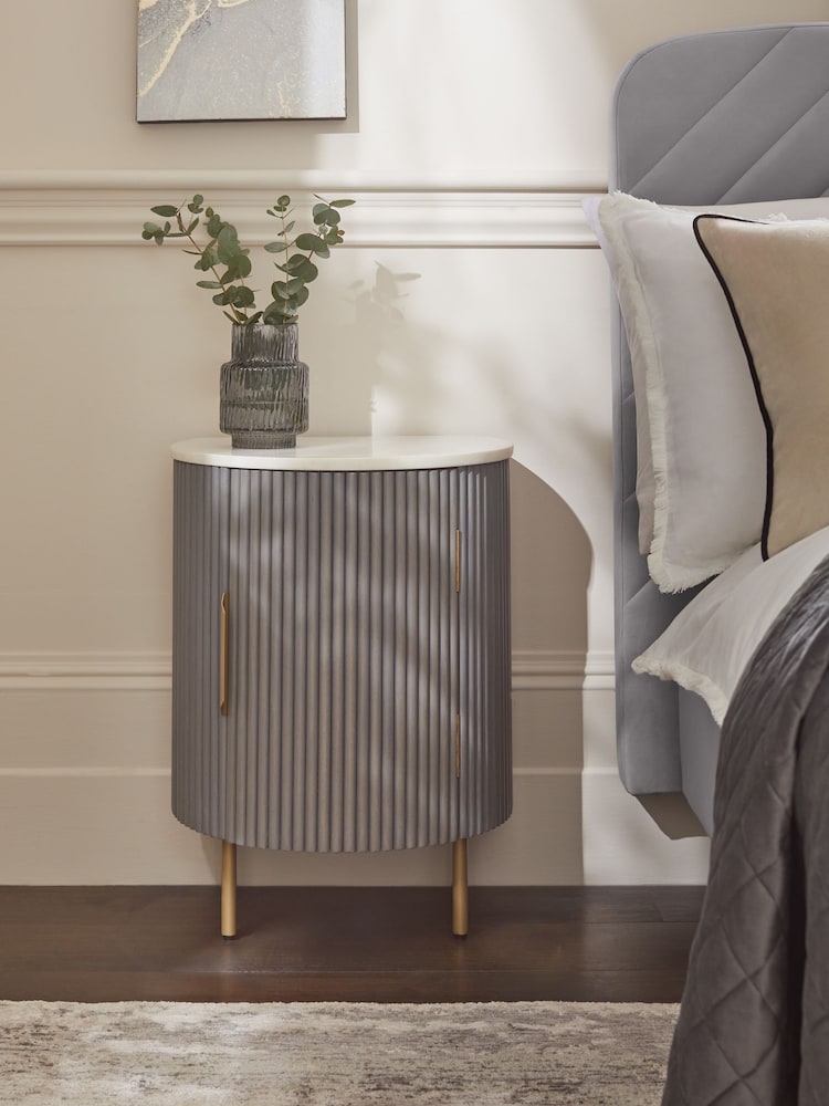 Dark Grey Valencia Marble and Mango Wood 1 Door, Round Bedside Table - Image 1 of 7
