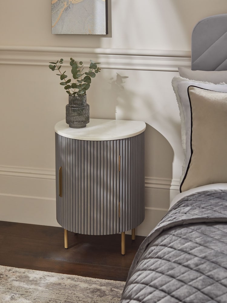 Dark Grey Valencia Marble and Mango Wood 1 Door, Round Bedside Table - Image 2 of 7
