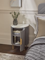 Dark Grey Valencia Marble and Mango Wood 1 Door, Round Bedside Table - Image 3 of 7