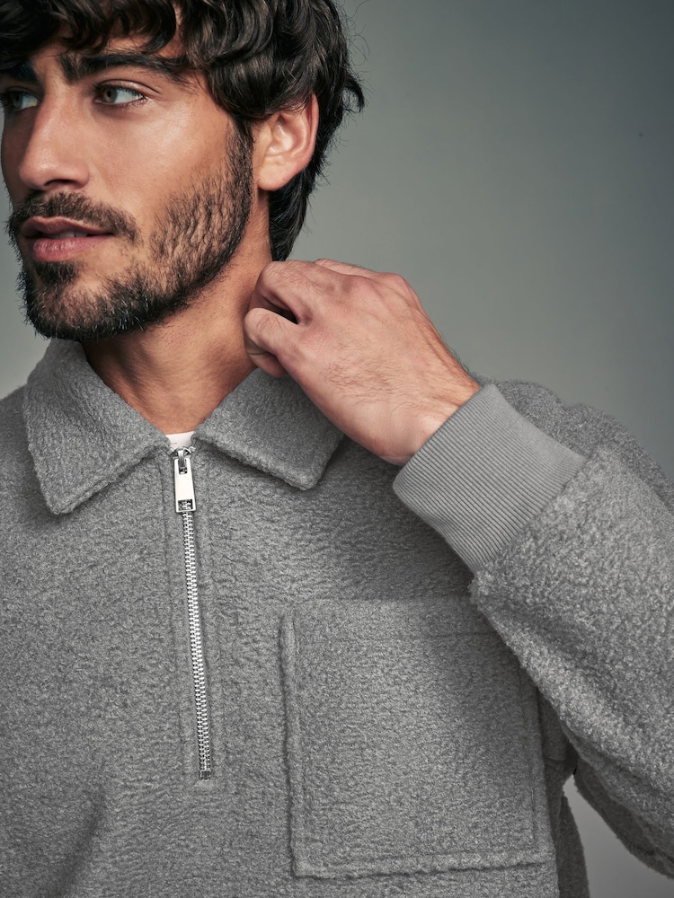Grey Zip Neck Borg Fleece Sweatshirt - Image 1 of 8