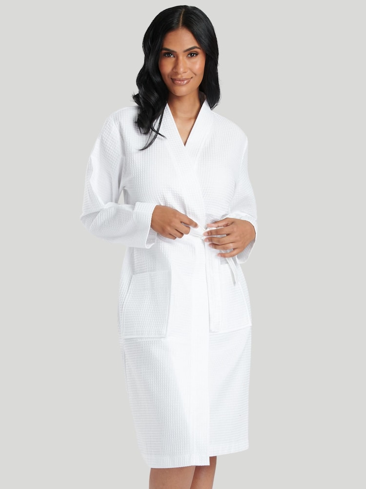 Loungeable White 100% Cotton Waffle Robe - Image 4 of 7