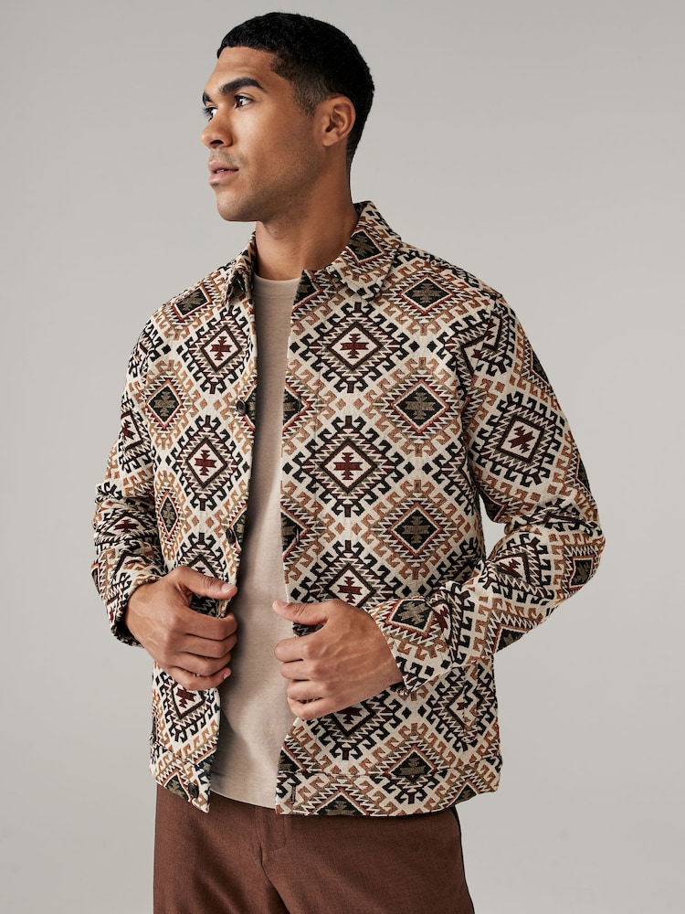 Ecru/Red Pattern Tapestry Shacket Overshirt - Image 1 of 10