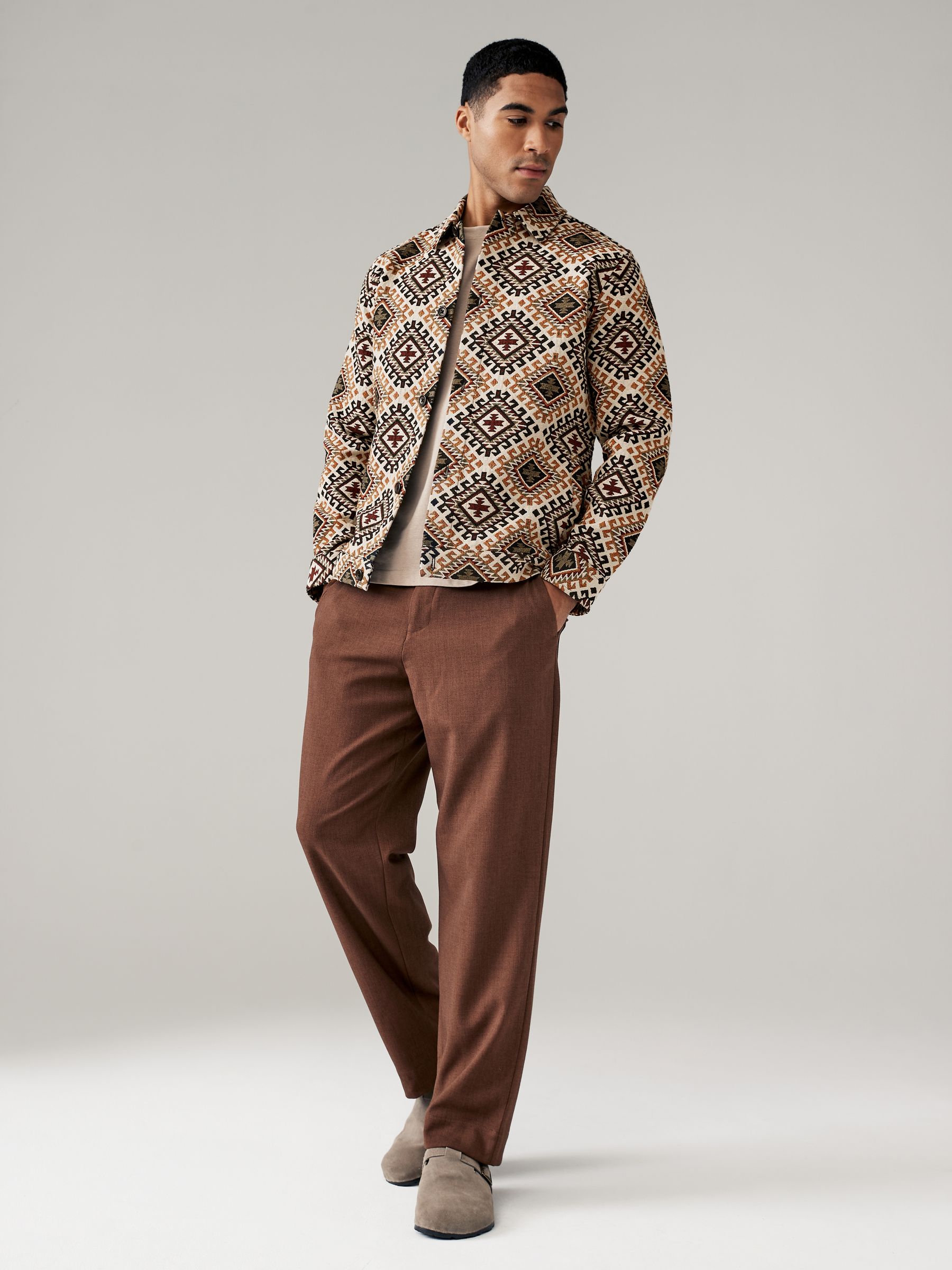 Ecru/Red Pattern Tapestry Shacket Overshirt