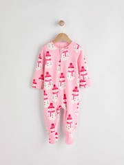 Pink Baby Printed Snowman Christmas 100% Cotton Zip Sleepsuit (0mths-2yrs) - Image 1 of 7