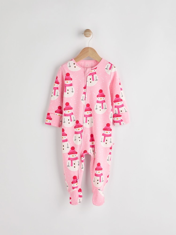Pink Baby Printed Snowman Christmas 100% Cotton Zip Sleepsuit (0mths-2yrs) - Image 1 of 7