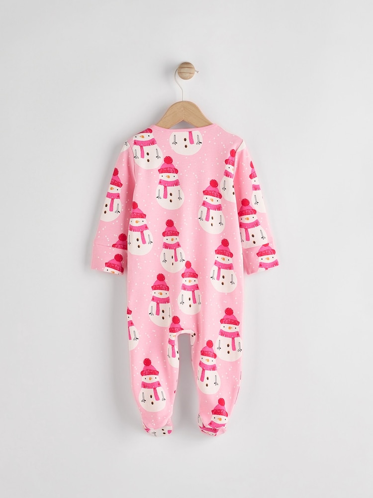 Pink Baby Printed Snowman Christmas 100% Cotton Zip Sleepsuit (0mths-2yrs) - Image 2 of 7