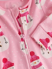 Pink Baby Printed Snowman Christmas 100% Cotton Zip Sleepsuit (0mths-2yrs) - Image 4 of 7