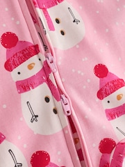Pink Baby Printed Snowman Christmas 100% Cotton Zip Sleepsuit (0mths-2yrs) - Image 5 of 7