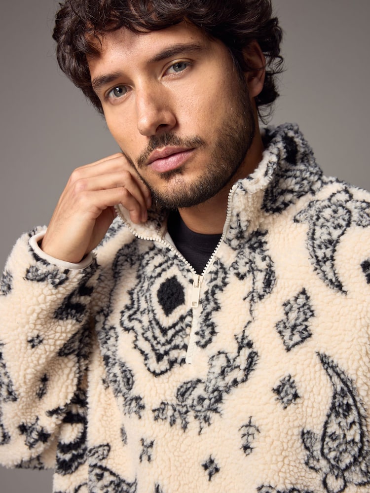 Ecru/Black Printed Quarter Zip Neck Fleece - Image 1 of 9
