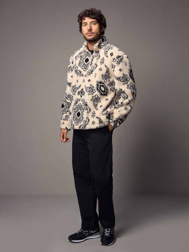 Ecru/Black Printed Quarter Zip Neck Fleece - Image 2 of 9