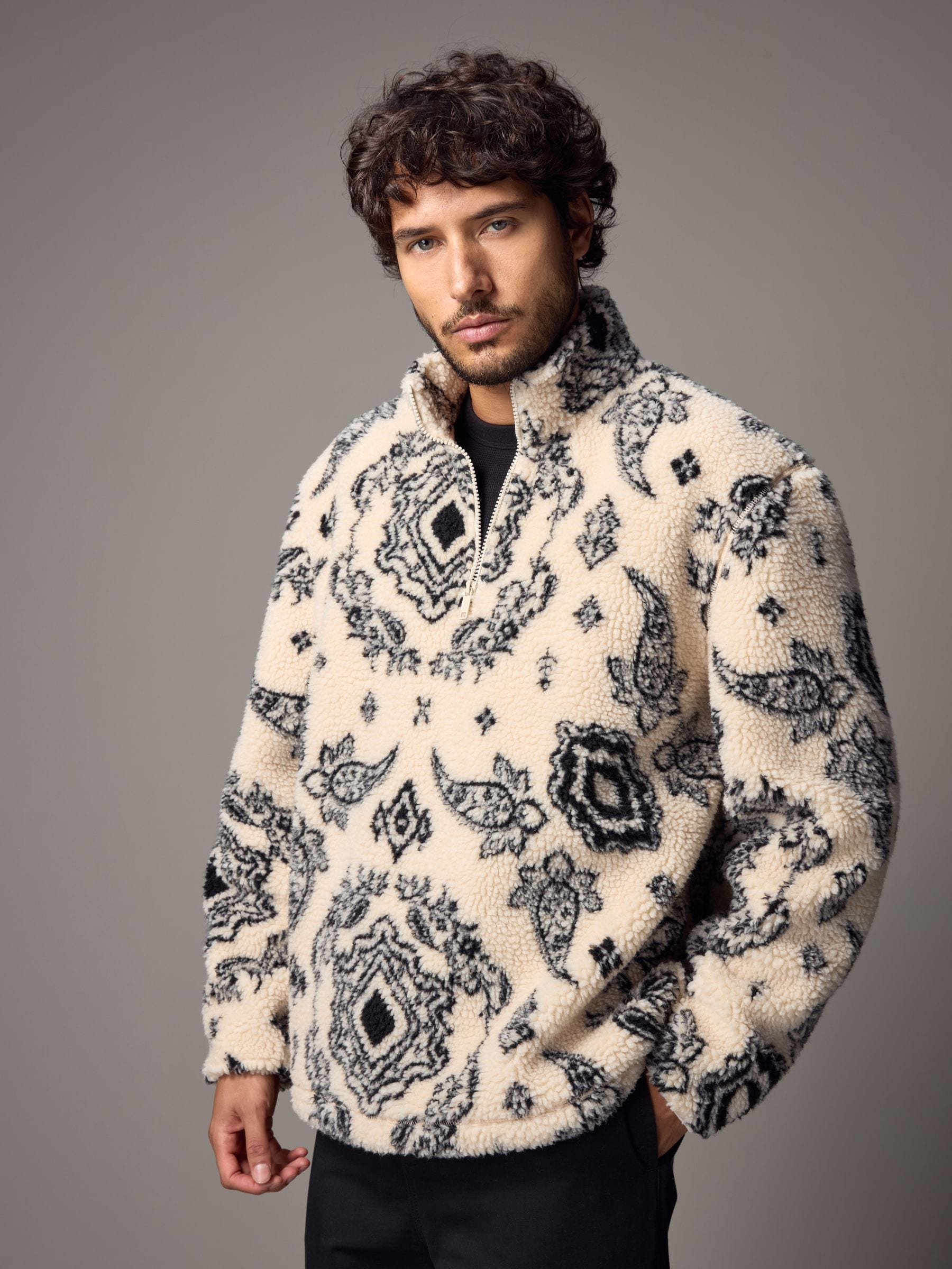 Buy Ecru/Black Printed Quarter Zip Neck Fleece from Next USA