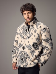 Ecru/Black Printed Quarter Zip Neck Fleece - Image 4 of 9