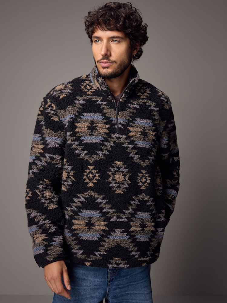 Black Printed Quarter Zip Neck Fleece - Image 1 of 9