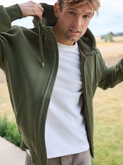 Khaki Green Borg Fleece Lined Zip Up Hoodie - Image 1 of 16