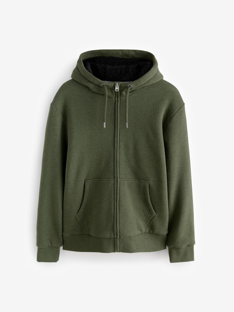 Khaki Green Borg Fleece Lined Zip Up Hoodie - Image 10 of 16