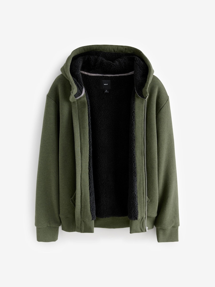 Khaki Green Borg Fleece Lined Zip Up Hoodie - Image 11 of 16