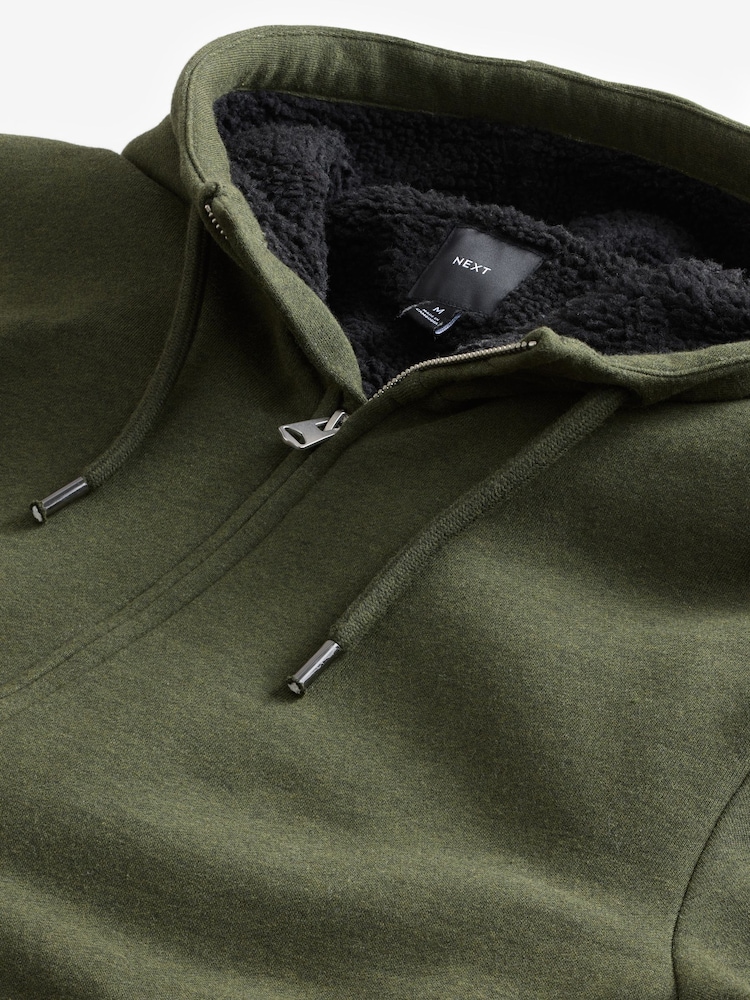 Khaki Green Borg Fleece Lined Zip Up Hoodie - Image 12 of 16