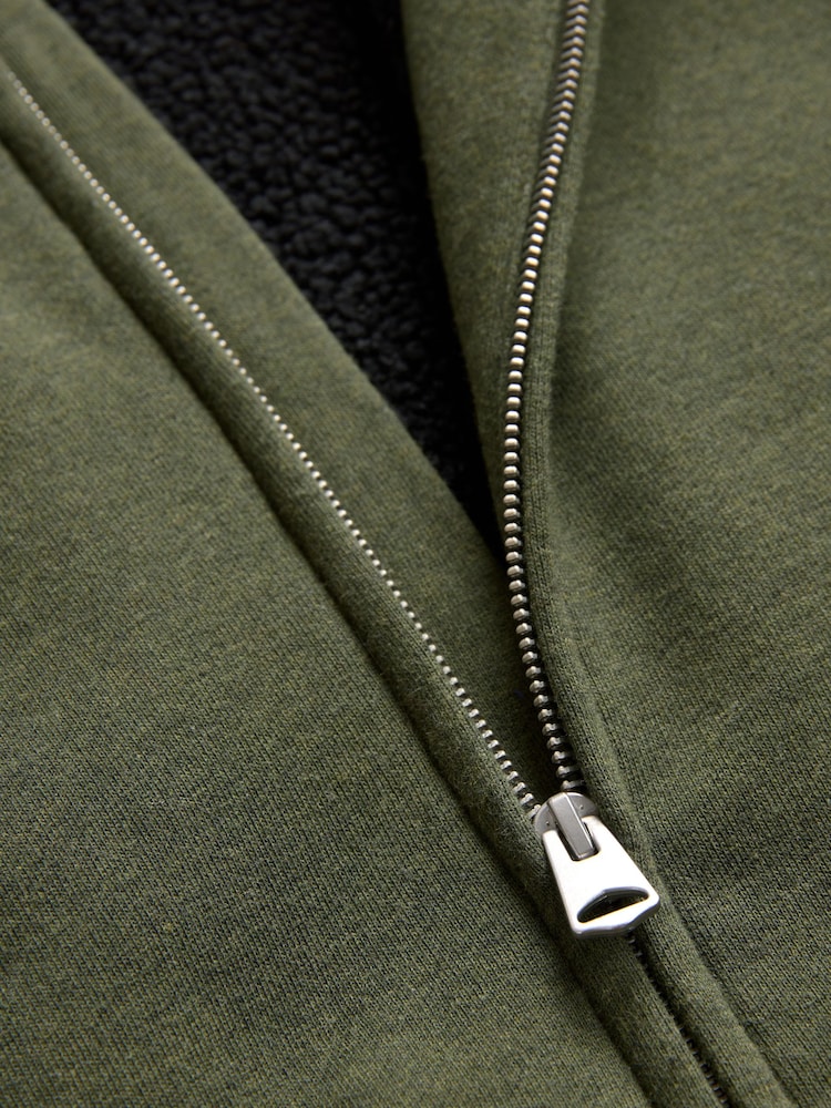 Khaki Green Borg Fleece Lined Zip Up Hoodie - Image 13 of 16