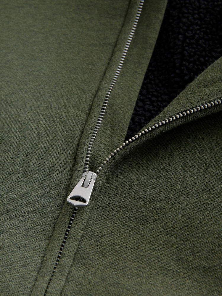 Khaki Green Borg Fleece Lined Zip Up Hoodie - Image 14 of 16