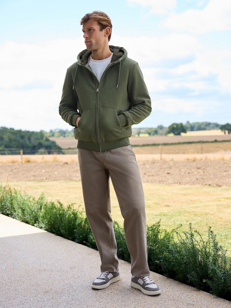 Khaki Green Borg Fleece Lined Zip Up Hoodie - Image 2 of 16