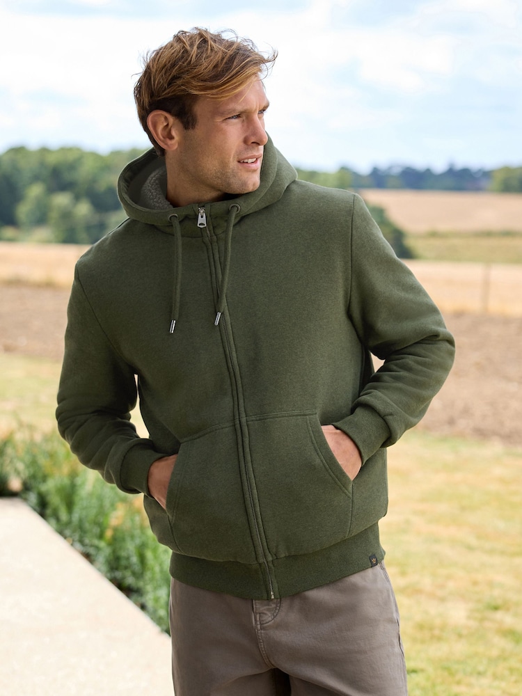 Khaki Green Borg Fleece Lined Zip Up Hoodie - Image 3 of 16