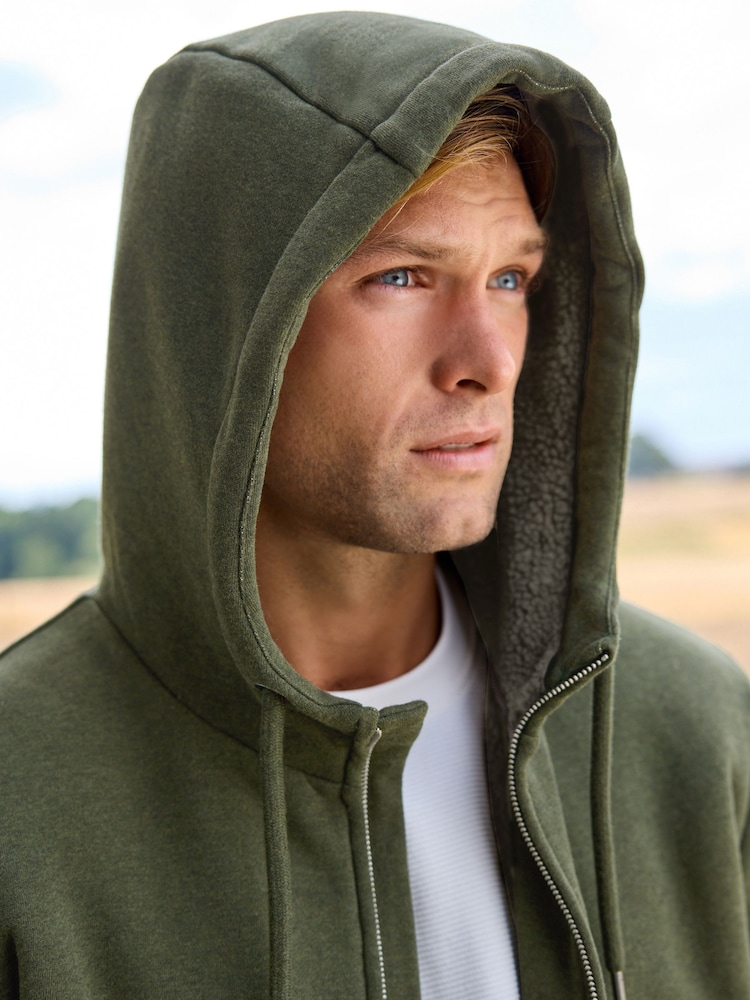 Khaki Green Borg Fleece Lined Zip Up Hoodie - Image 5 of 16