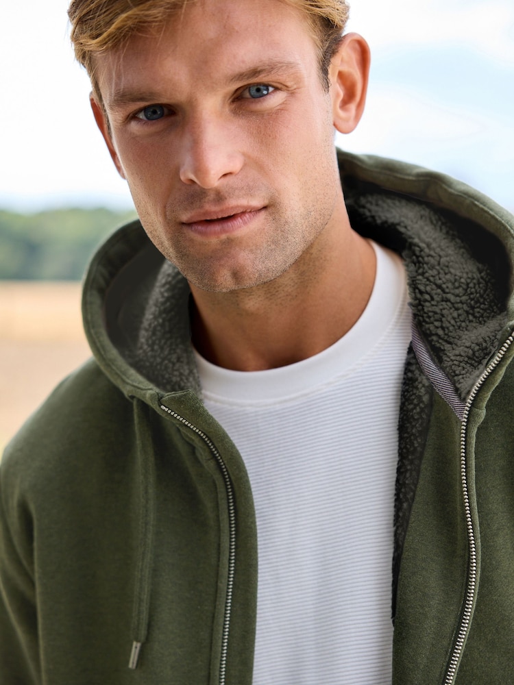 Khaki Green Borg Fleece Lined Zip Up Hoodie - Image 6 of 16
