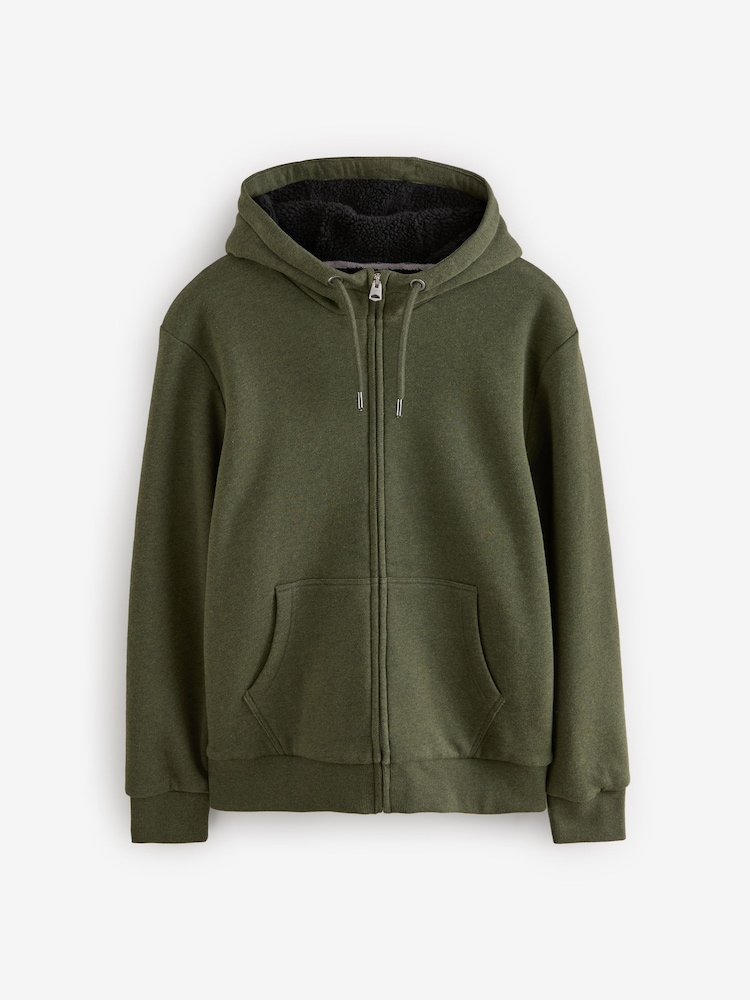 Khaki Green Borg Fleece Lined Zip Up Hoodie - Image 9 of 16