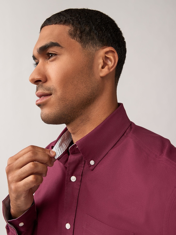 Burgundy Red Regular Fit Long Sleeve Oxford Shirt - Image 5 of 11