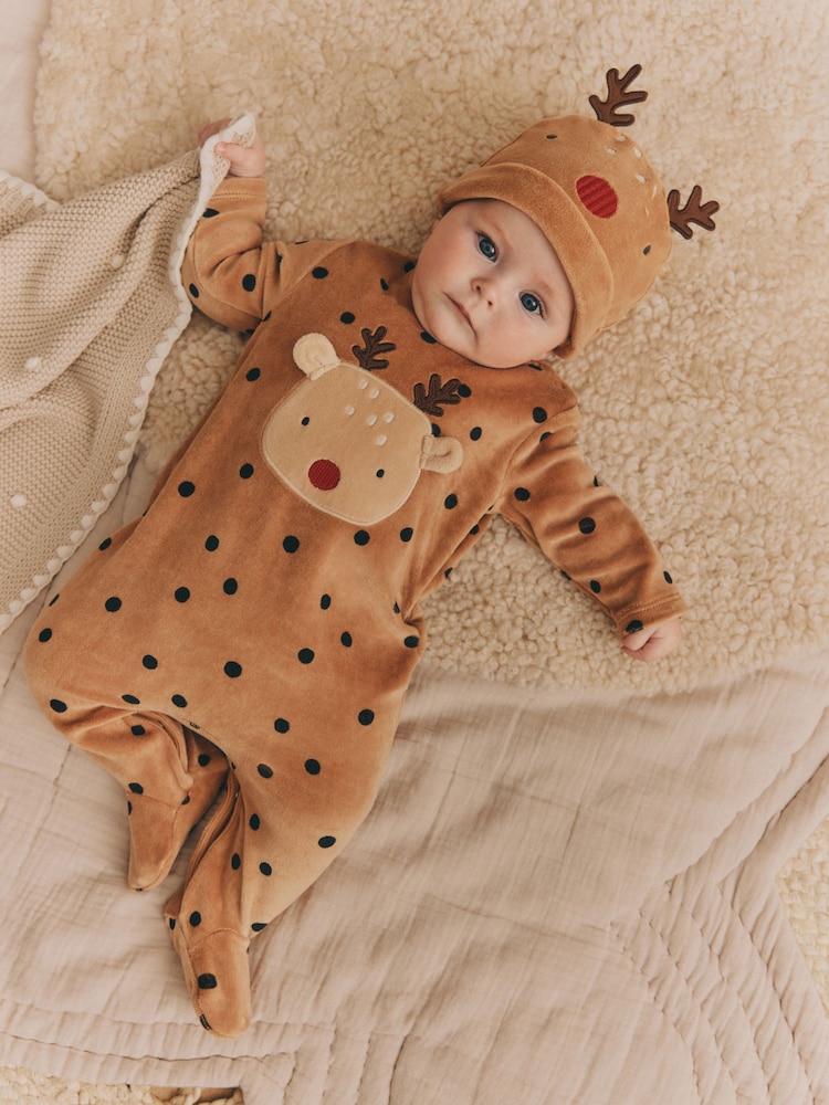 Brown Reindeer Baby Christmas Sleepsuit & Hat Set (0mths-2yrs) - Image 1 of 12