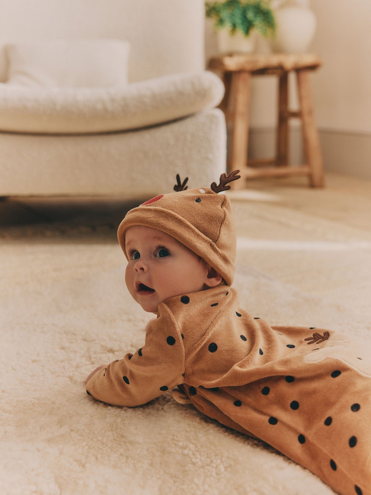 Brown Reindeer Baby Christmas Sleepsuit & Hat Set (0mths-2yrs) - Image 2 of 12