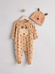 Brown Reindeer Baby Christmas Sleepsuit & Hat Set (0mths-2yrs) - Image 6 of 12
