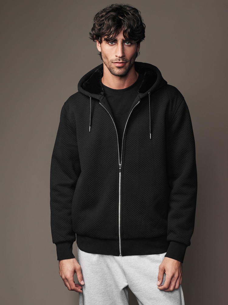 Black Premium Textured Faux Fur Lined Zip Up Fleece - Image 1 of 11