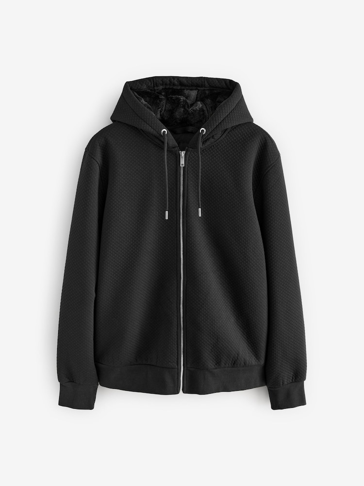 Black Premium Textured Faux Fur Lined Zip Up Fleece - Image 2 of 11