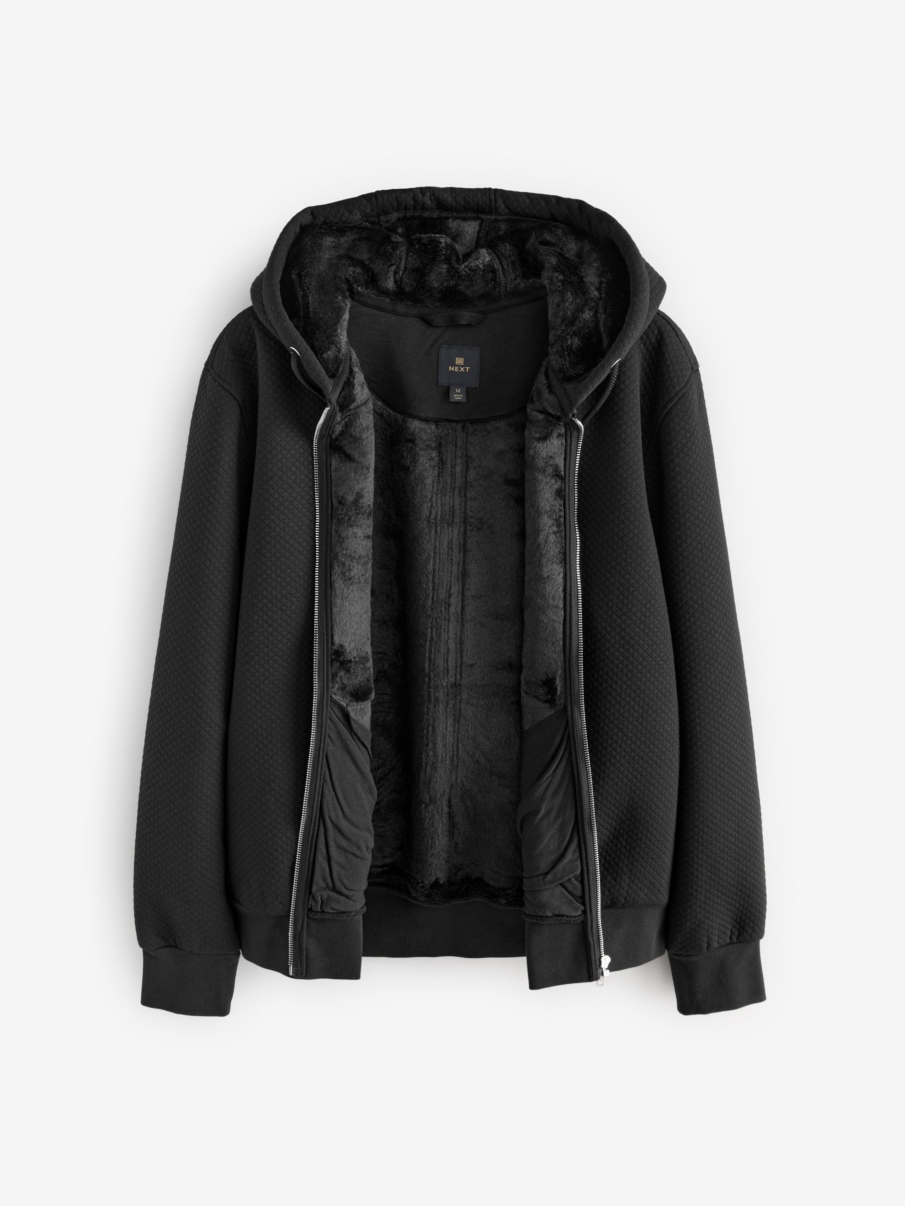 Buy Black Premium Textured Faux Fur Lined Zip Up Fleece from the