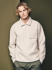 Ecru Natural Zip Neck Borg Fleece Sweatshirt - Image 1 of 7