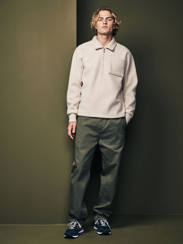 Ecru Natural Zip Neck Borg Fleece Sweatshirt - Image 2 of 7