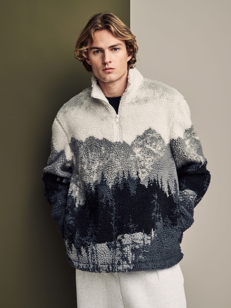 Grey Printed Quarter Zip Neck Fleece - Image 1 of 12