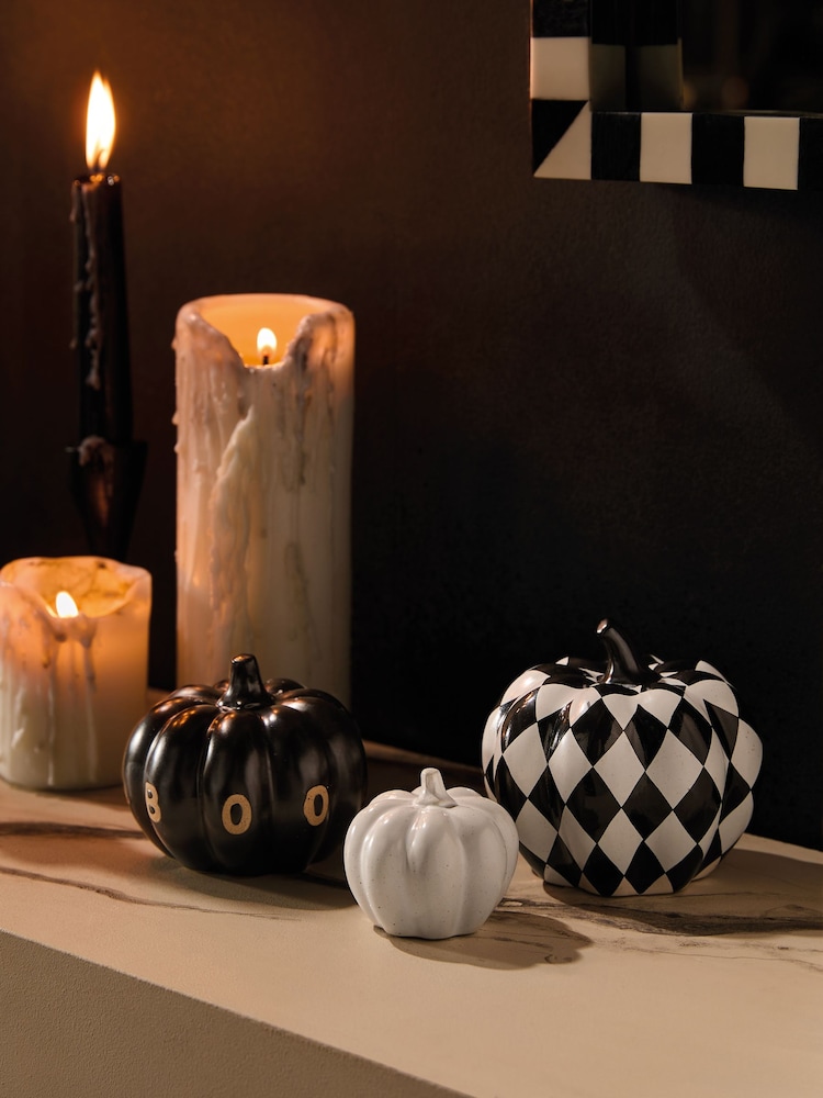 Set of 3 Black/White Autumn Pumpkin Ornaments - Image 1 of 4