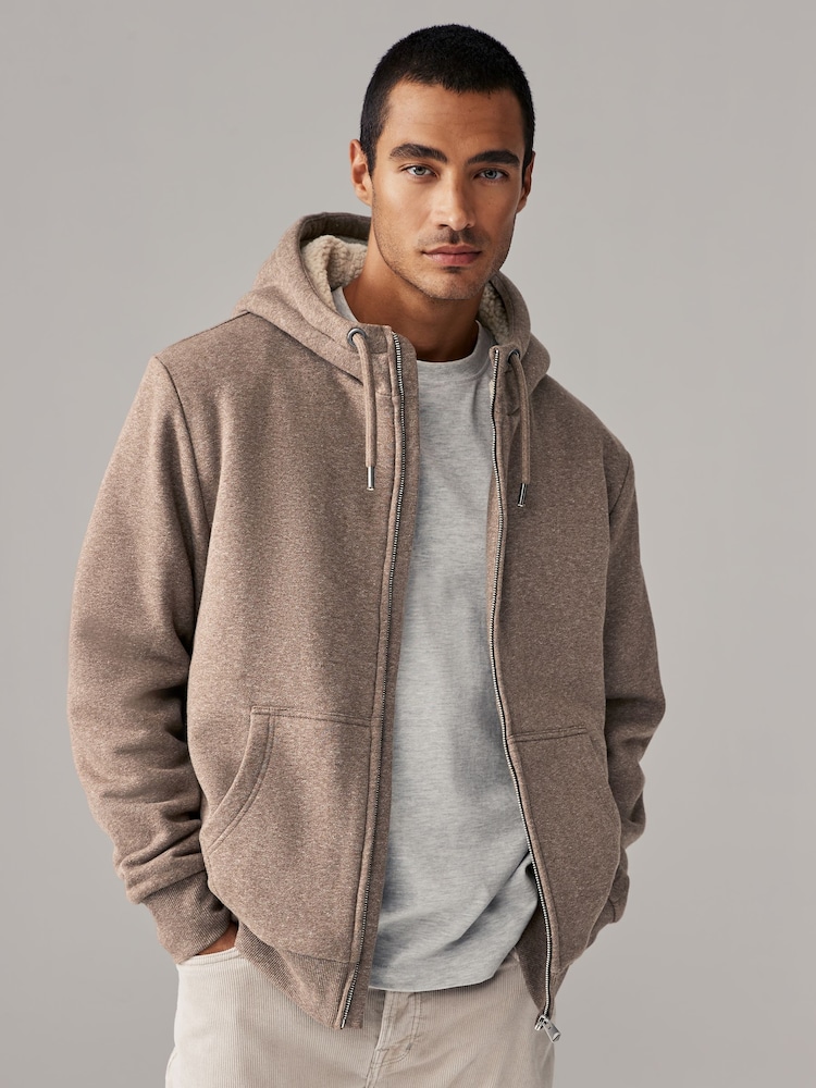 Neutral Borg Fleece Lined Zip Up Hoodie - Image 1 of 12