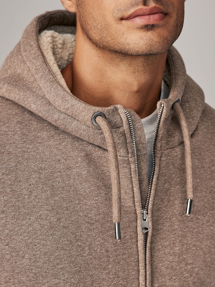 Neutral Borg Fleece Lined Zip Up Hoodie - Image 4 of 12