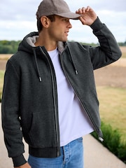 Slate Grey Borg Fleece Lined Zip Up Hoodie - Image 5 of 12