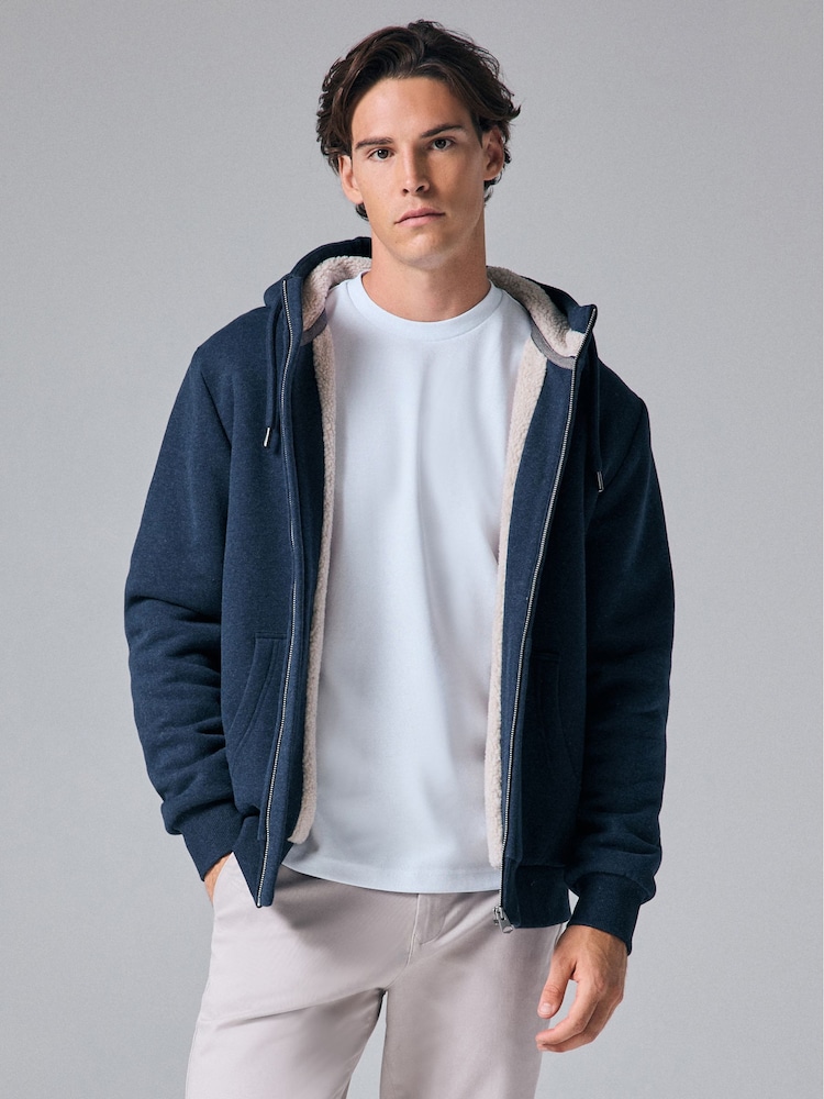 Navy Blue Borg Fleece Lined Zip Up Hoodie - Image 1 of 10
